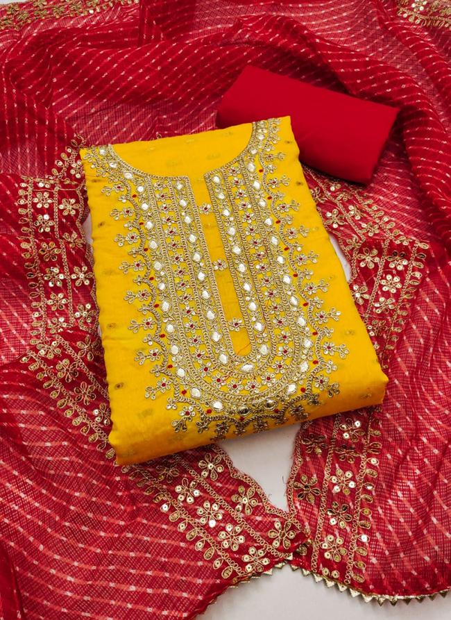 Chanderi Yellow Red Festival Wear Codding Work Dress Material